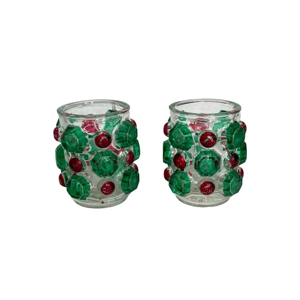 Vintage Japan Christmas Jewel Glass Votive Candle Holders Set 2 Country Store